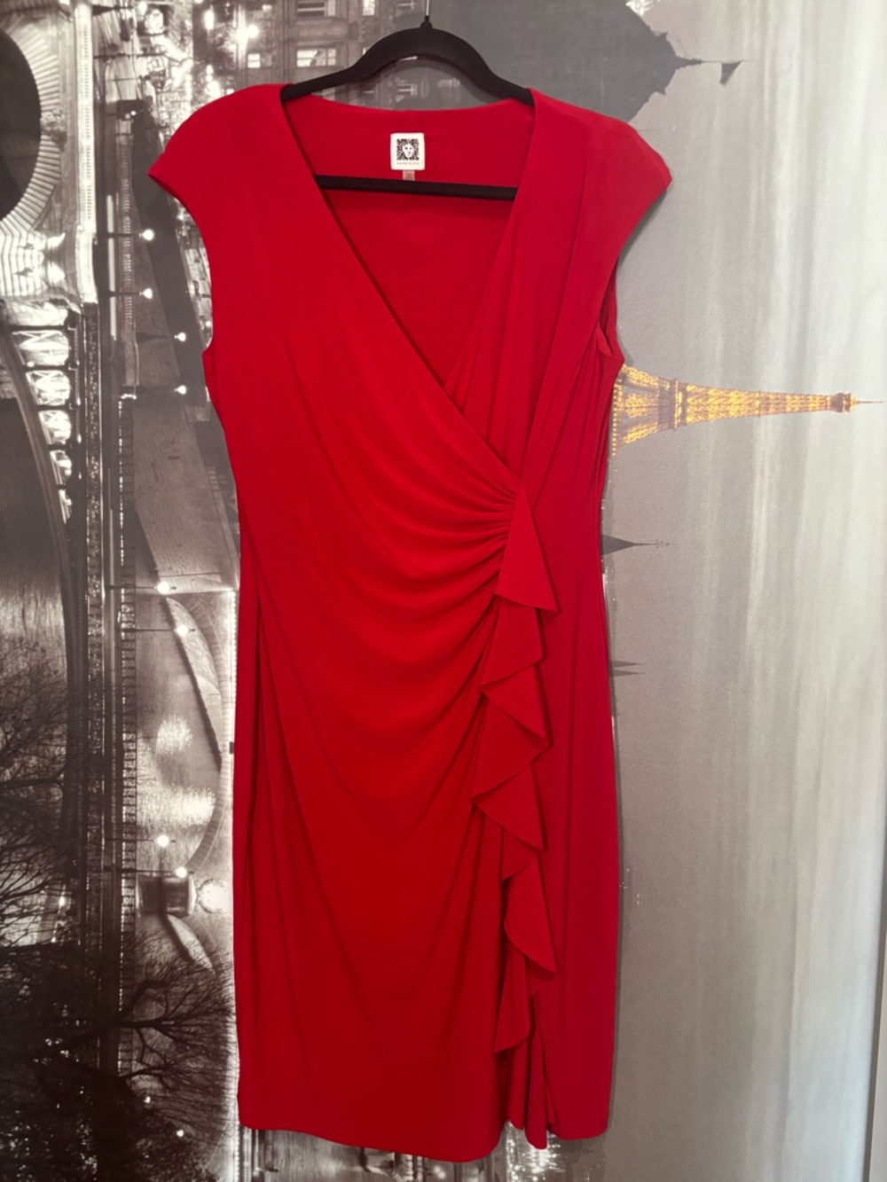 Anne Klein Elegant Red Faux-Wrap Ruffle Dress